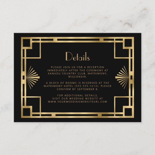 jaren '20 Deco Zwart Goud Bruiloft Details Informatiekaartje (Voorkant)