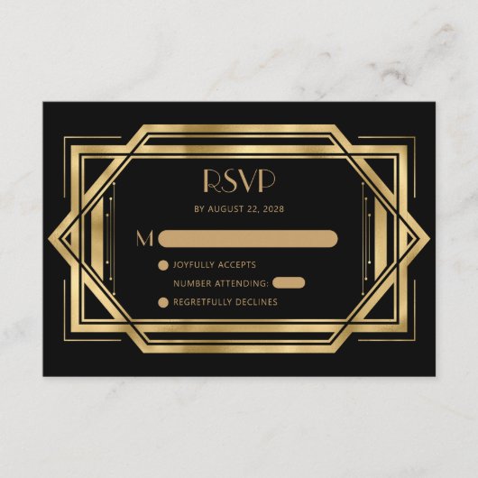 jaren '20 Deco Zwart Goud Bruiloft RSVP Informatiekaartje (Voorkant)