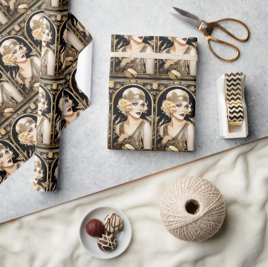 Jaren 20 flapper girl great gatsby zwart goud fees cadeaupapier (Crafts)