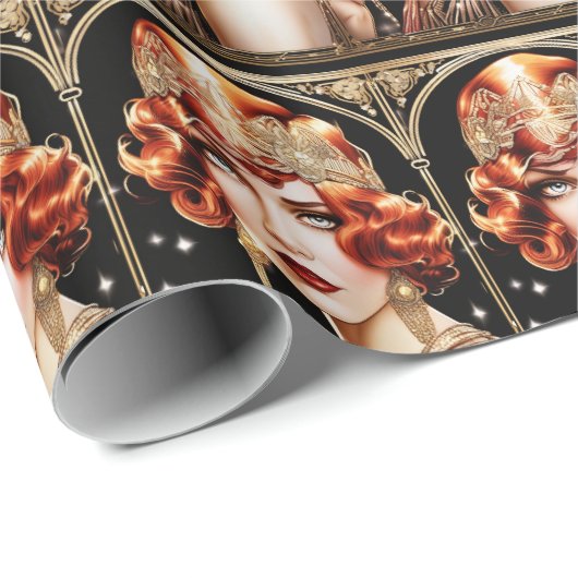 Jaren 20 flapper girl great gatsby zwart goud rood cadeaupapier (Rol Hoek)