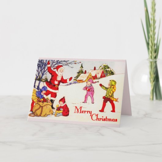jaren '20 Kerstman en Kinderen die in de Sneeuw Feestdagen Kaart (Voorkant)