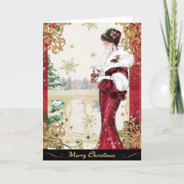  jaren '20 Vrouw in rode winterjurk Feestdagen Kaart
