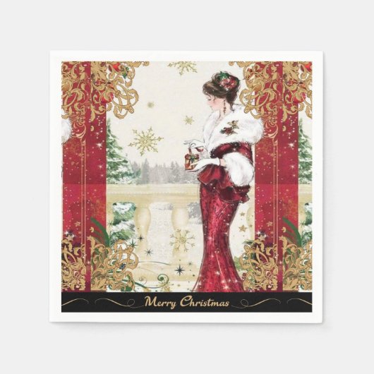 jaren '20 Vrouw in rode winterjurk Servet (Voorkant)