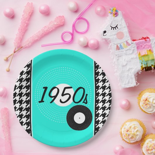  jaren '50, blauwgroen, zwart en wit, ingecheckt papieren bordje (Feest)