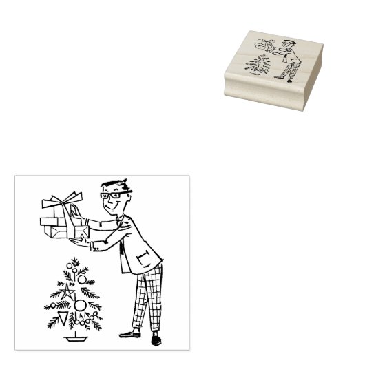  jaren 50 Man met Cadeaus en kerstboom Rubberstempel (Gestempeld)