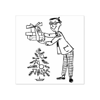 jaren 50 Man met Cadeaus en kerstboom Rubberstempel