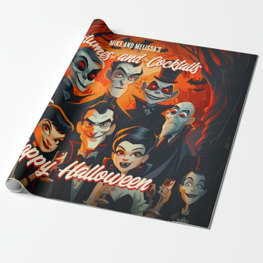  jaren 50 Oranje en zwarte Mid-Century Halloween Cadeaupapier (Uitgerold)