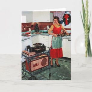 jaren '50 retro vintage huisvrouw in keuken & feestdagen kaart