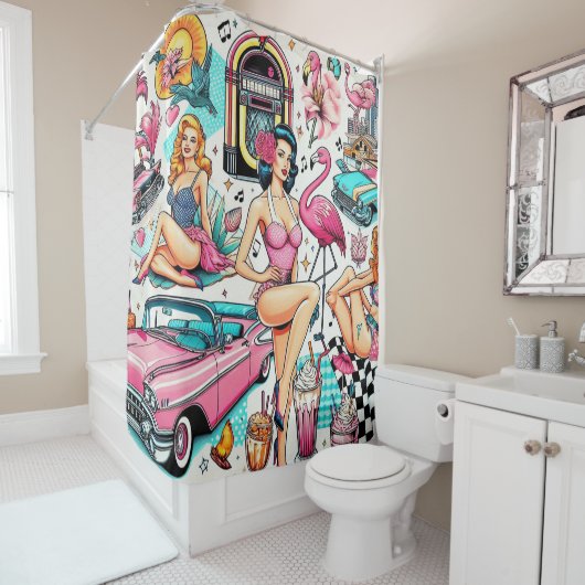 jaren '50 Schattige Patroon Douchegordijn (In situ)