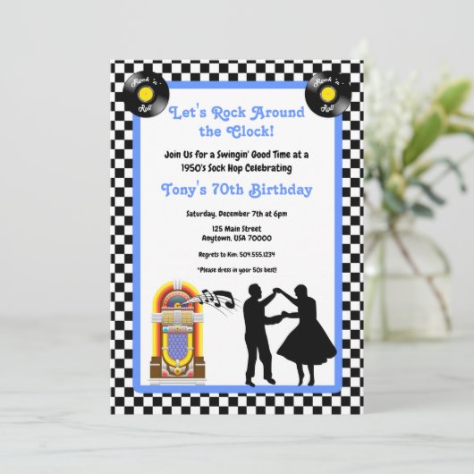 Jaren 50 uitnodiging, Sock Hop, Rock and Roll, 50s Kaart (Staand voorkant)