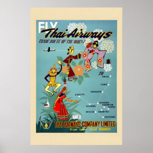 Jaren 50 Zie Thailand via Thai Airways Vintage Sty Poster