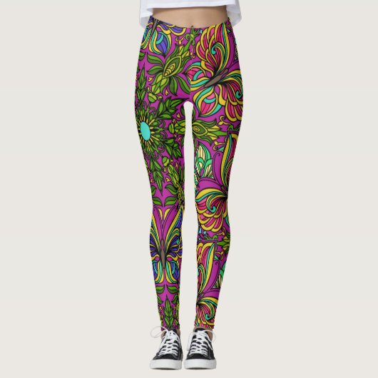 jaren '60 Retro Mandala Design, Neon kleuren Leggings (Voorkant)
