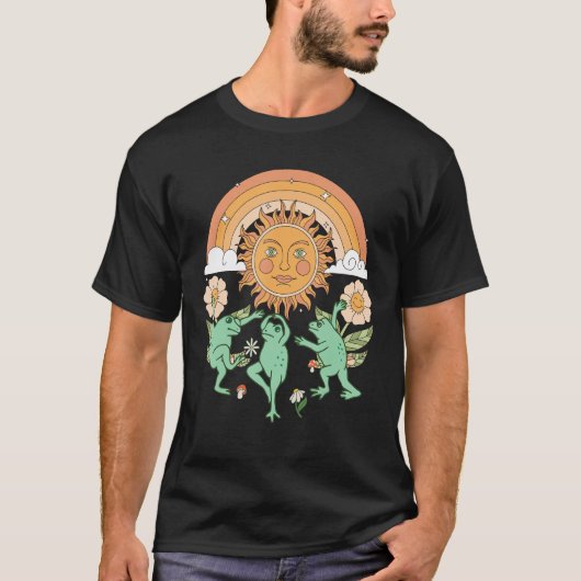 jaren 70 Groovy Hippie Indie Frogs Dancing Sun T-shirt (Voorkant)