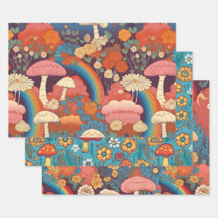  jaren 70 Retro Hippie Stijl Paddenstoel Boho Set  Inpakpapier Vel