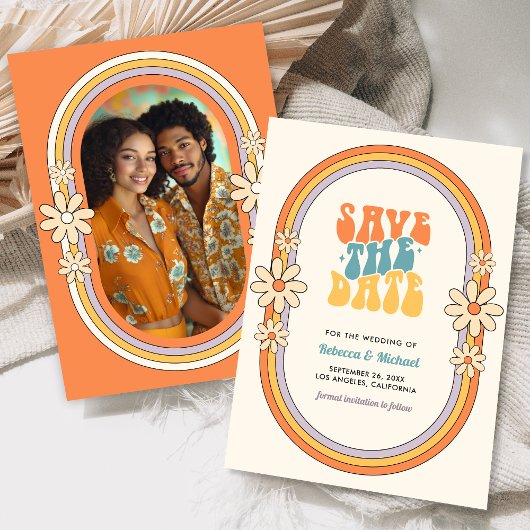 jaren '70 Retro Kleurrijke Groovy Fotobruiloft Save The Date