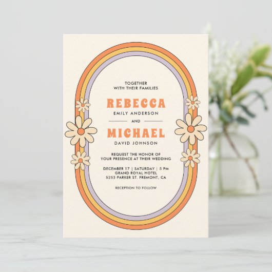 jaren 70 Retro Kleurrijke Groovy Lijst bruiloft Kaart (Staand voorkant)