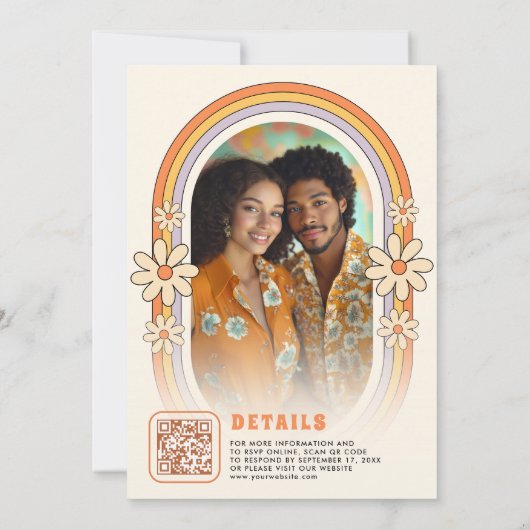 jaren 70 Retro Kleurrijke Groovy Lijst bruiloft Kaart (Achterkant)