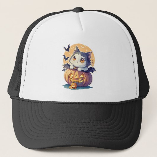 jaren 90 Cat Pumpkin Halloween Retro Trucker Pet (Voorkant)