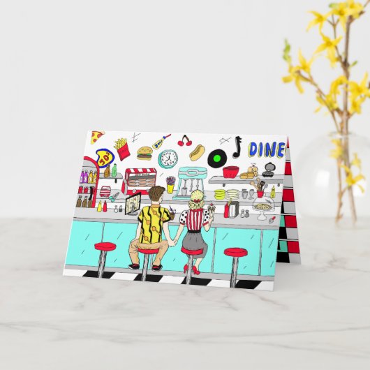 Jaren vijftig Retro koppel Fijne Valentijnsdag Kaart (Gele Bloem)