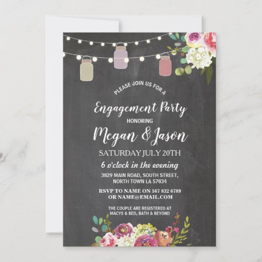 Jars Engagement Party Rustic Chalk Floral Invite Kaart (Voorkant)