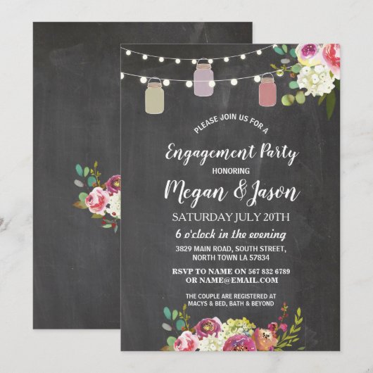 Jars Engagement Party Rustic Chalk Floral Invite Kaart (Voorkant / Achterkant)