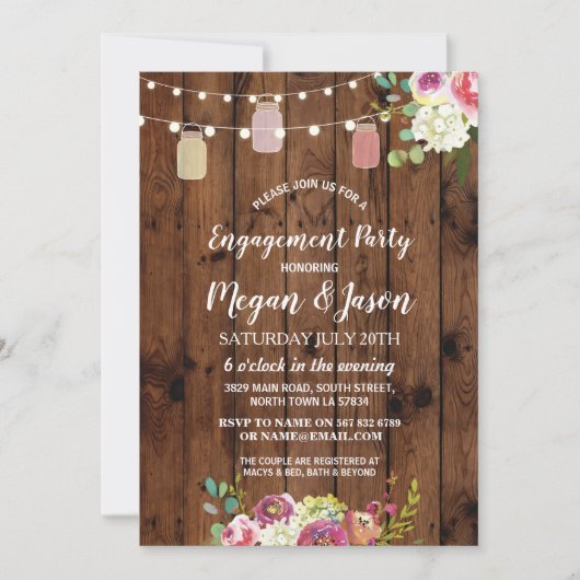 Jars Engagement Party Rustic Wood Bloemen Uitnodig Kaart (Voorkant)