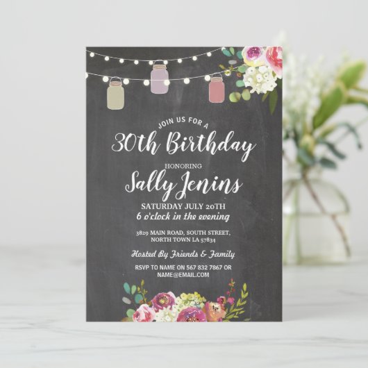 Jars Verjaardagsfeest Rustiek Krijt Bloemen Uitnod Kaart (Staand voorkant)
