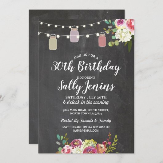 Jars Verjaardagsfeest Rustiek Krijt Bloemen Uitnod Kaart (Voorkant / Achterkant)