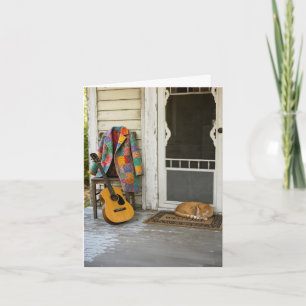 Jas met veel kleuren met gitaar en kat kaart