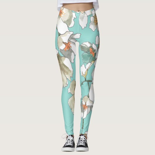 Jasmijn Flowers: Waterverf licht turquoise Leggings (Voorkant)