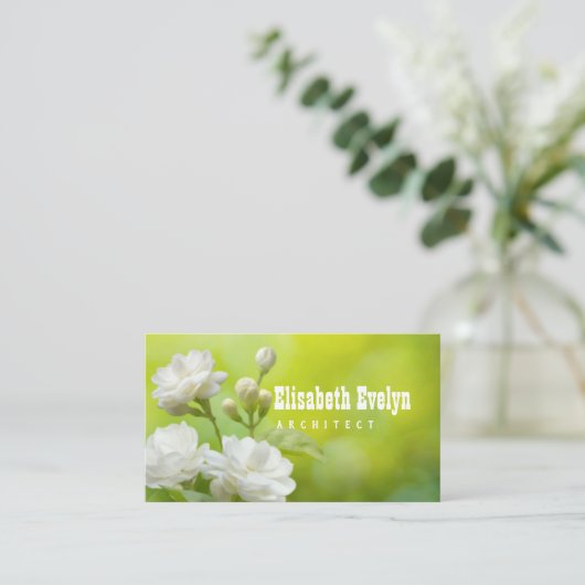 Jasmijnbloem op groen visitekaartje (Staand voorkant)