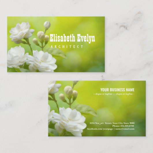 Jasmijnbloem op groen visitekaartje (Voorkant / Achterkant)