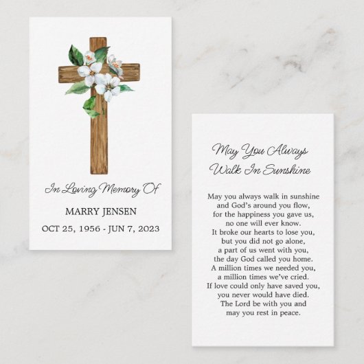 Jasmine Cross Memorial Funeral Prayer Card Visitekaartje (Voorkant / Achterkant)