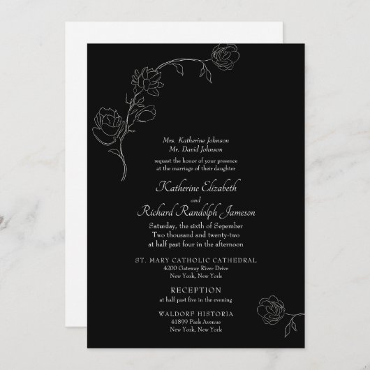 Jasmine Outline Black Formal Wedding Invitation Kaart (Voorkant / Achterkant)