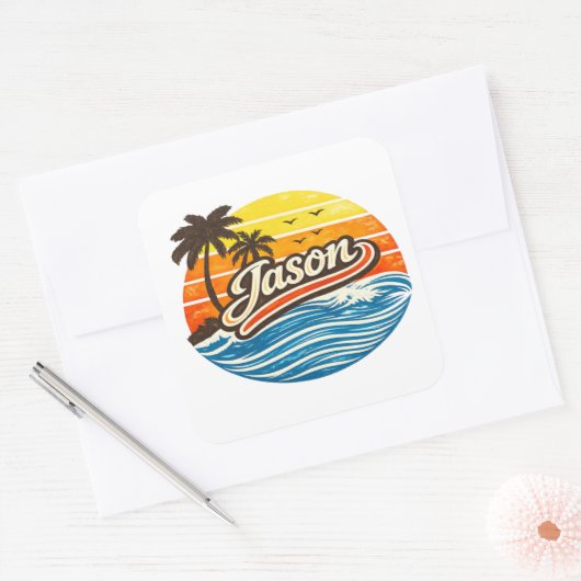 Jason Retro Sunset Naamontwerp Vierkante Sticker (Envelop)