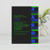 JASONCool Modern Bar Mitswa Uitnodiging Zwart Blau (Staand voorkant)