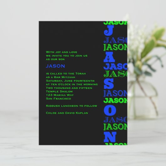 JASONCool Modern Bar Mitswa Uitnodiging Zwart Blau (Staand voorkant)
