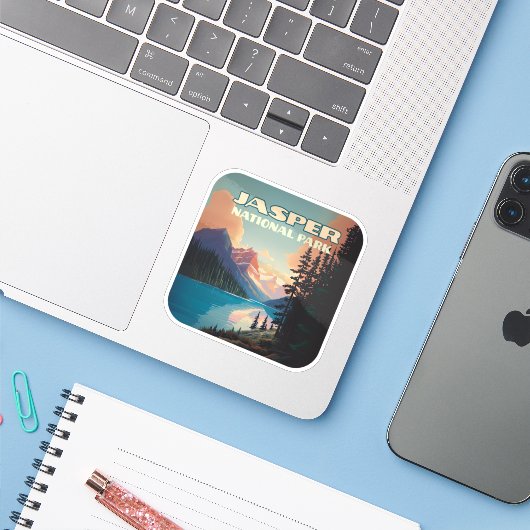 Jasper National Park Alberta Canada Rockies Retro Sticker (Laptop met iPhone)