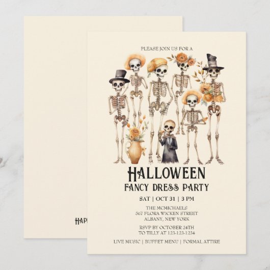 Jaunty Skeleton Familie Portret Halloween Party Kaart (Voorkant / Achterkant)