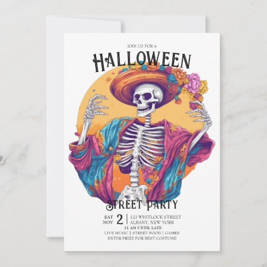 Jaunty Skeleton Flamboyant Dance Halloween Party Kaart (Voorkant)