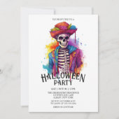 Jaunty Skeleton Levendige Waterverf Halloween Part Kaart (Voorkant)