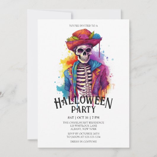 Jaunty Skeleton Levendige Waterverf Halloween Part Kaart (Voorkant)