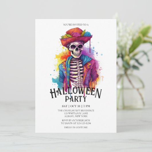 Jaunty Skeleton Levendige Waterverf Halloween Part Kaart (Staand voorkant)