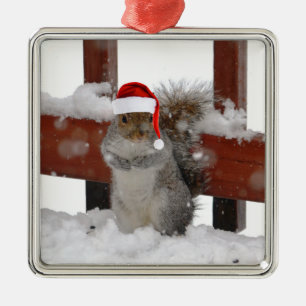 Jaunty Squirrel met Santa Hat Holiday Ornament