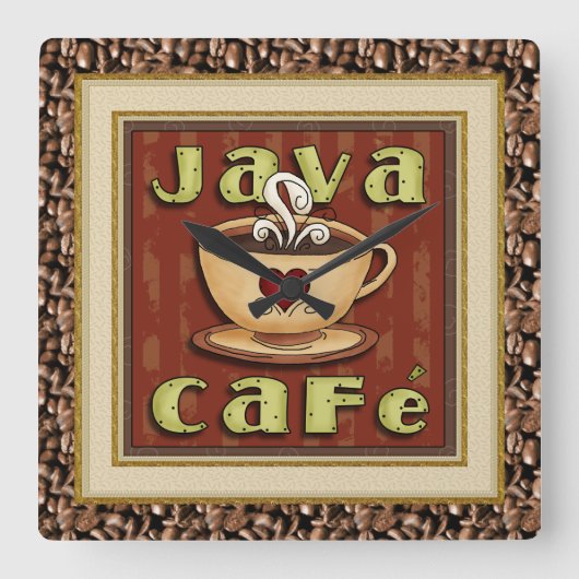 Java Cafe Coffee Clock Vierkante Klok (Voorkant)