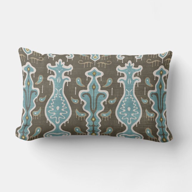 Java Ikat Print Lumbar Pillow, Brown & Turquoise Kussen (Voorkant)