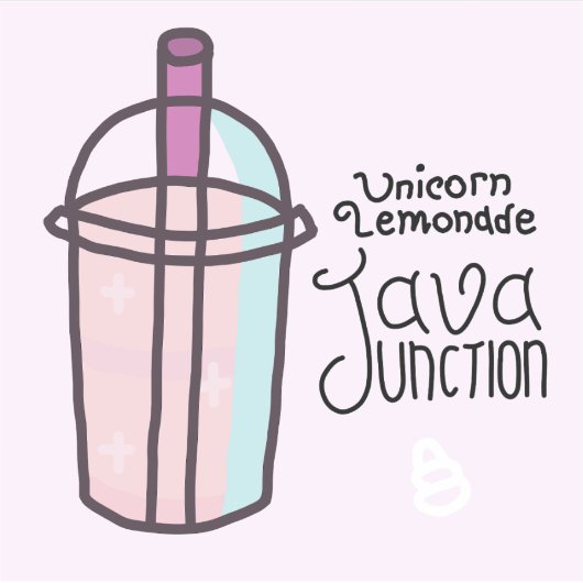 Java Junction Eenhoorn limonade Sticker met tekst (Voorkant)
