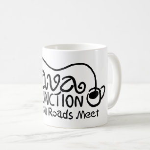 Java Junction met koffie zwarte tekst Koffiemok