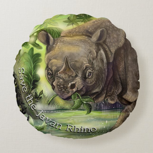 Javan Rhino Art Rond Kussen (Voorkant)