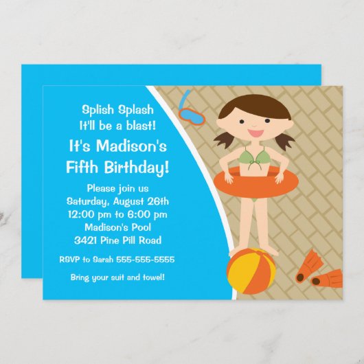 Javendagse uitnodiging voor de meisjespool CUTE (Voorkant / Achterkant)